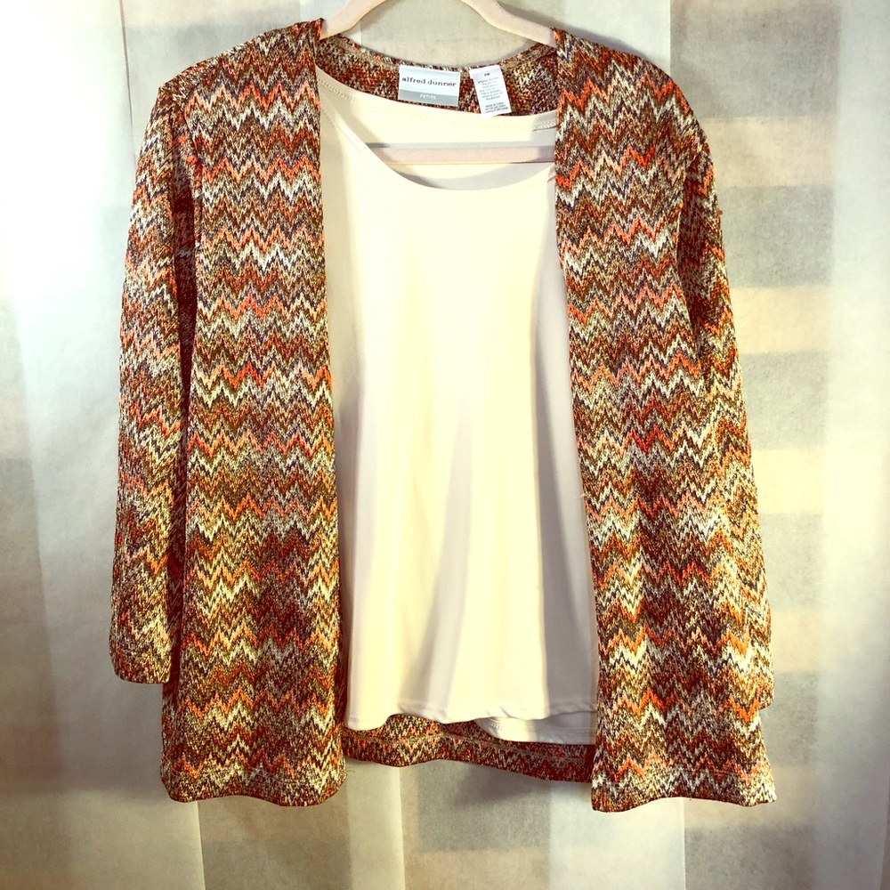 Colorful knit cardigan with attached ivory tank
